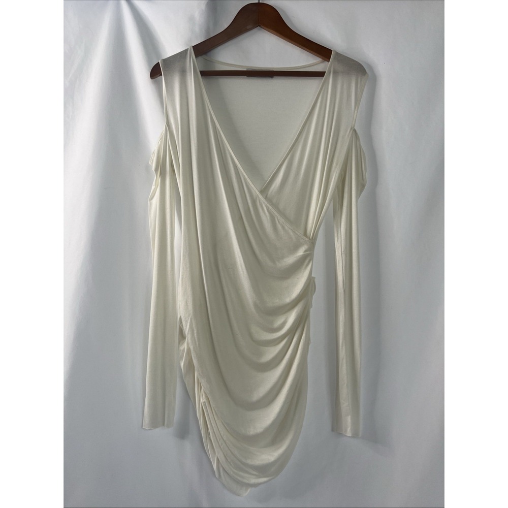 Bailey 44 Cut Off Shoulder Top‎ M Womens Ruched Stretch Shirt Cream Ivory